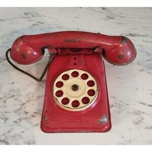 Vintage Metal Masters Tin Toy Red Rotary Dial Telephone Child's Vintage Toy